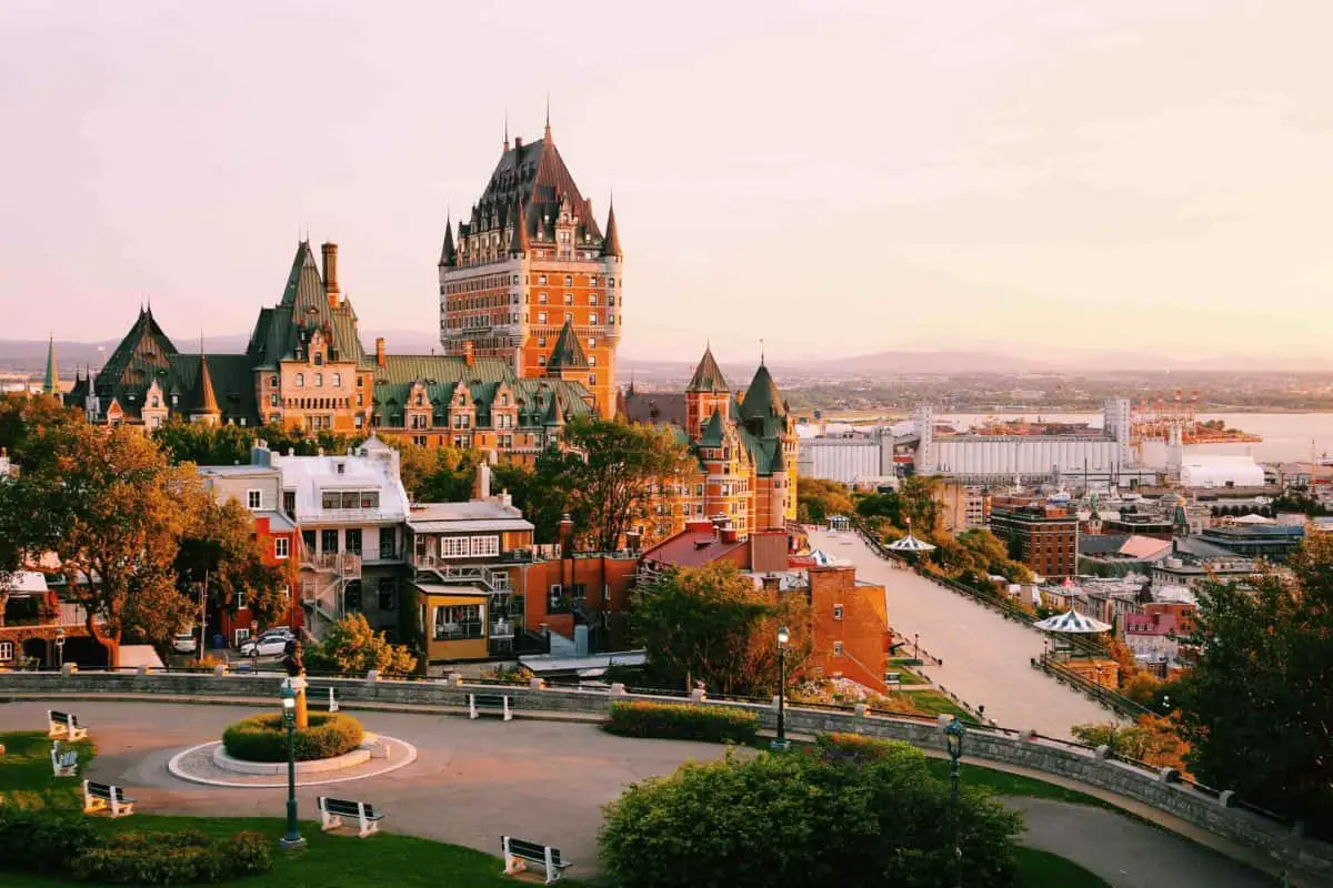 Frontenac Castle in Old Quebec City in the beautiful sunrise light. Travel, vacation, history, cityscape, nature, summer, hotels and architecture concept
